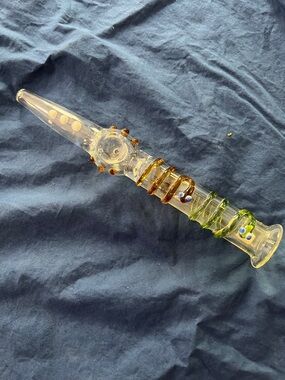 Handblown Clear Glass Steamroller with Green and Amber Accents